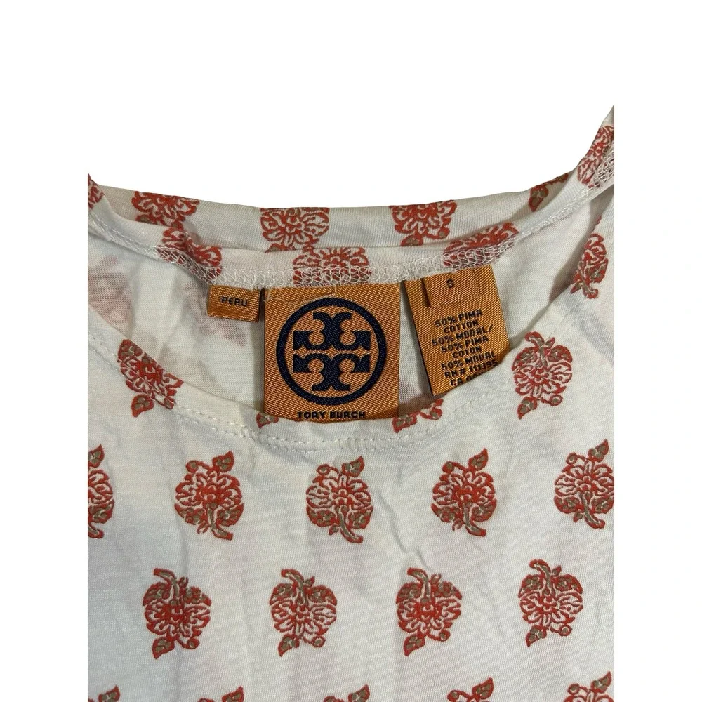 Tory Burch Womens Pima Cotton Modal Floral Block Print Tee Shirt Red White S